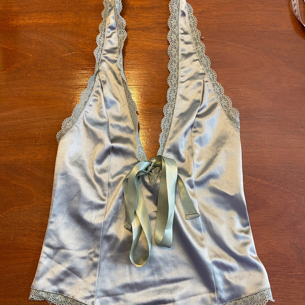 Urban Outfitters Small Green Lace-trimmed V-neck Open Back Satin Halter Top